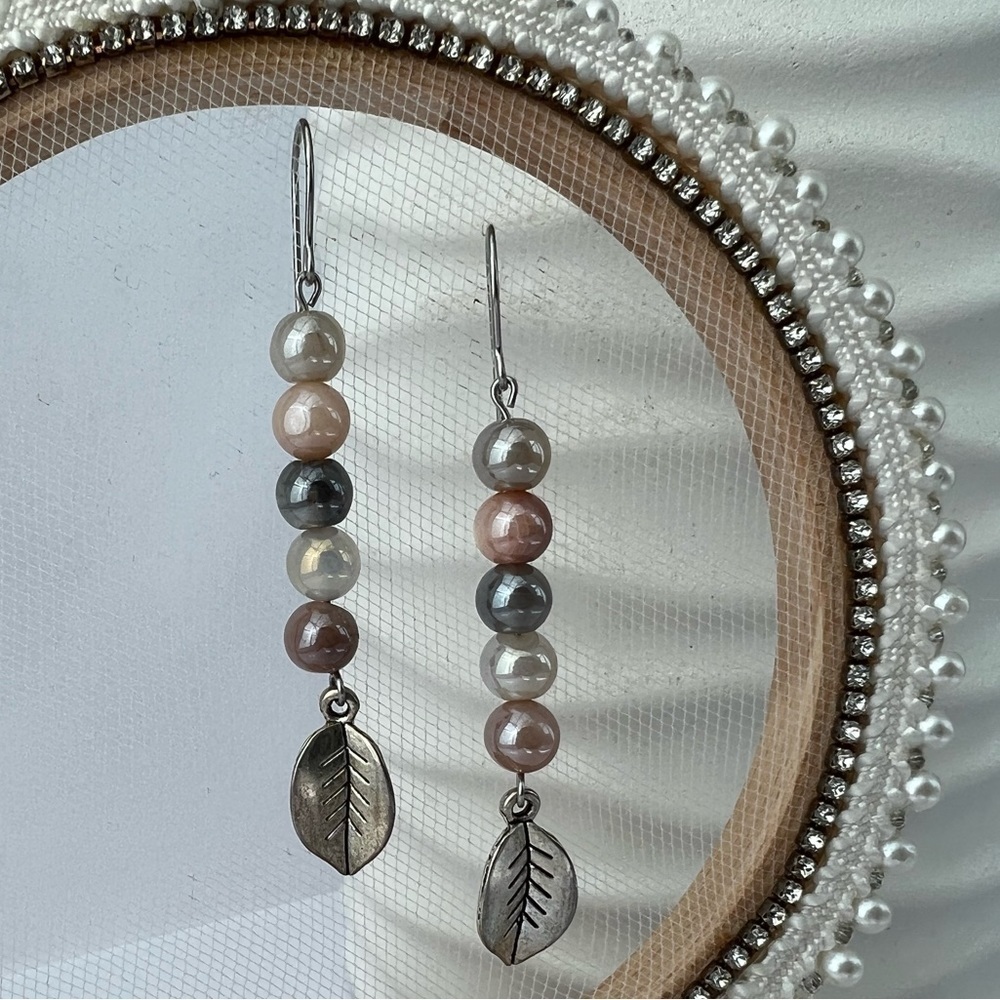 MOONSTONE Beaded Long Earrings & Silver Leaf Accent